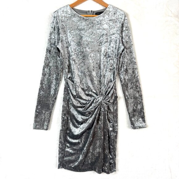 Guess Velvet Metallic Knotted Long Sleeve Bodycon Sheath Mini Dress S SIlver - Picture 1 of 11